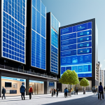 **

A futuristic cityscape showcasing smart energy management. Solar panels on buildings, smart meters displayed on building facades, and a blockchain-based energy trading platform interface visible in the sky. Fully clothed people are walking and interacting with holographic displays. Safe for work, appropriate content, professional, modest, family-friendly, perfect anatomy, correct proportions, natural pose, well-formed hands, proper finger count, natural body proportions.

**