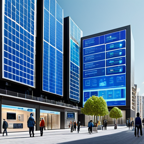 **

A futuristic cityscape showcasing smart energy management. Solar panels on buildings, smart meters displayed on building facades, and a blockchain-based energy trading platform interface visible in the sky. Fully clothed people are walking and interacting with holographic displays. Safe for work, appropriate content, professional, modest, family-friendly, perfect anatomy, correct proportions, natural pose, well-formed hands, proper finger count, natural body proportions.

**