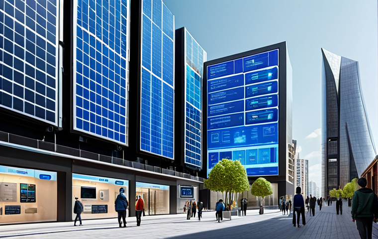 **
A futuristic cityscape showcasing smart energy management. Solar panels on buildings, smart meters displayed on building facades, and a blockchain-based energy trading platform interface visible in the sky. Fully clothed people are walking and interacting with holographic displays. Safe for work, appropriate content, professional, modest, family-friendly, perfect anatomy, correct proportions, natural pose, well-formed hands, proper finger count, natural body proportions.
**